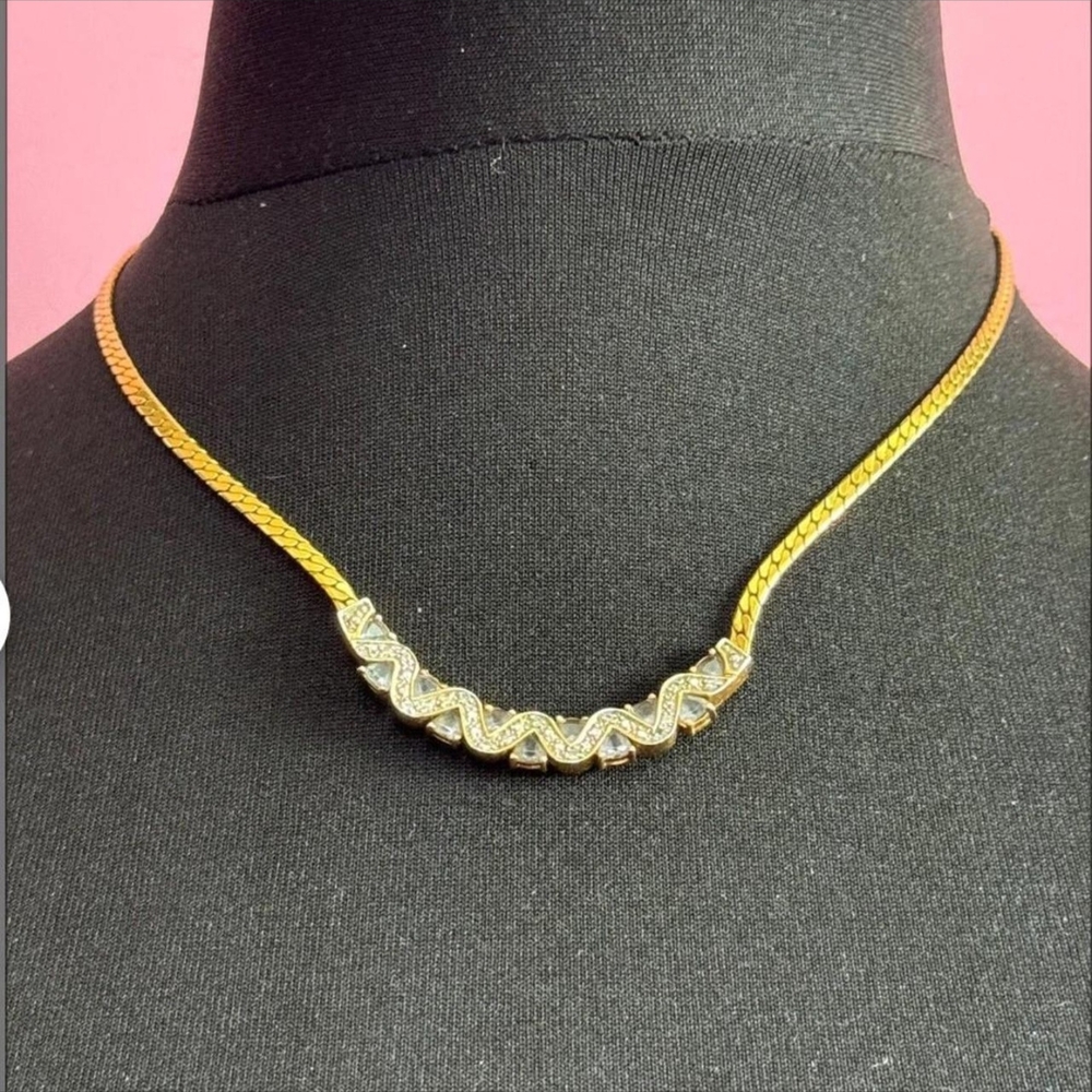 Vintage Gold Toned Necklace with Aquamarine and Clear Colored Glass Paste Stones